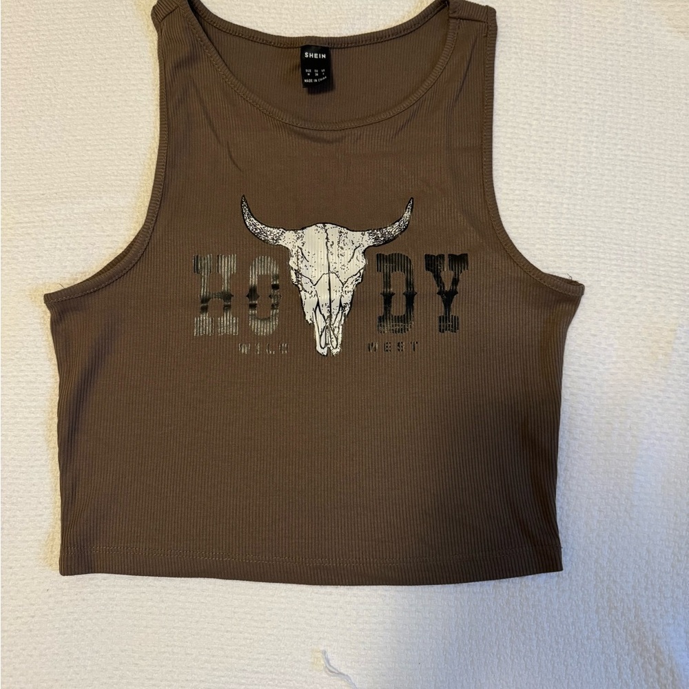 Brown “Howdy” Cropped Tank Top with Bull Graphic